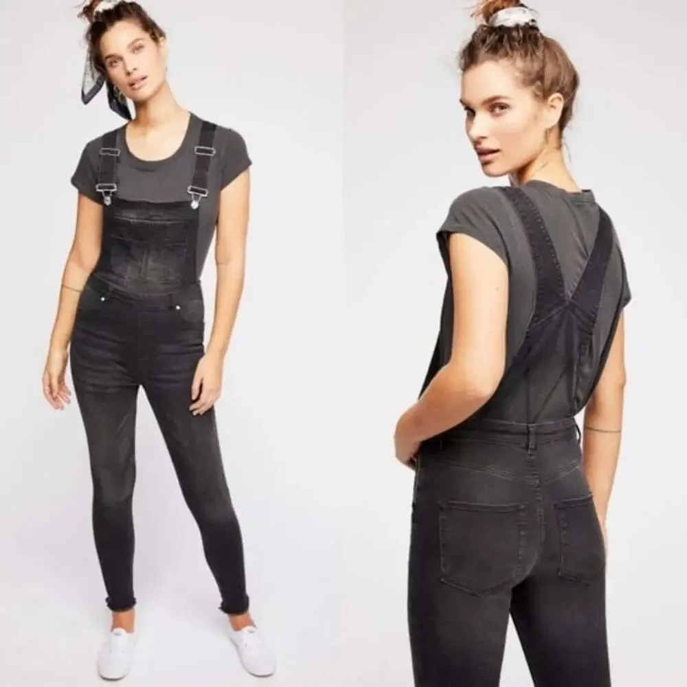 Free People Black Denim Skinny Overalls Size 26R